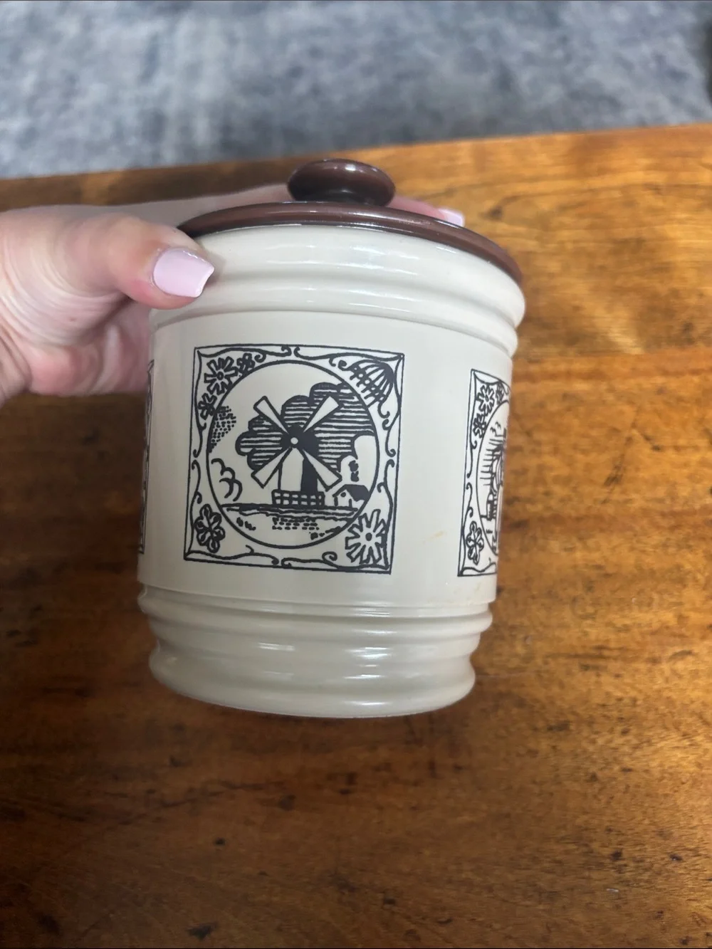 Vintage Beige Brown Tea Canister Classic Kitchen Storage Mid Century Modern